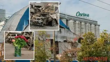 Наслідки ракетного удару по заводу «Олейна» у Дніпрі: згарище, знищені авто та квіти пам’яті